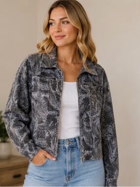 Jones New York Gray Paisley Zip-Front Jacket